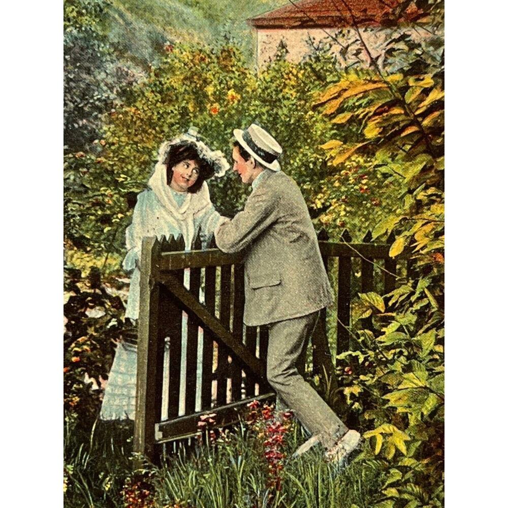 Antique Postcard 1908 Ephemera Man Woman Flirting Litho Posted 1909 Colorful SEE